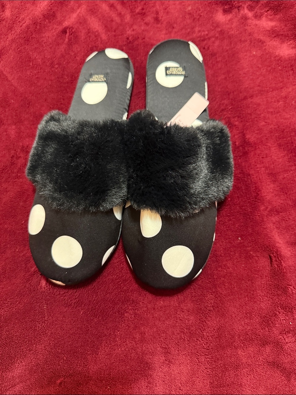 Victoria secret Black Polka Dot Faux-Fur Slide Slippers